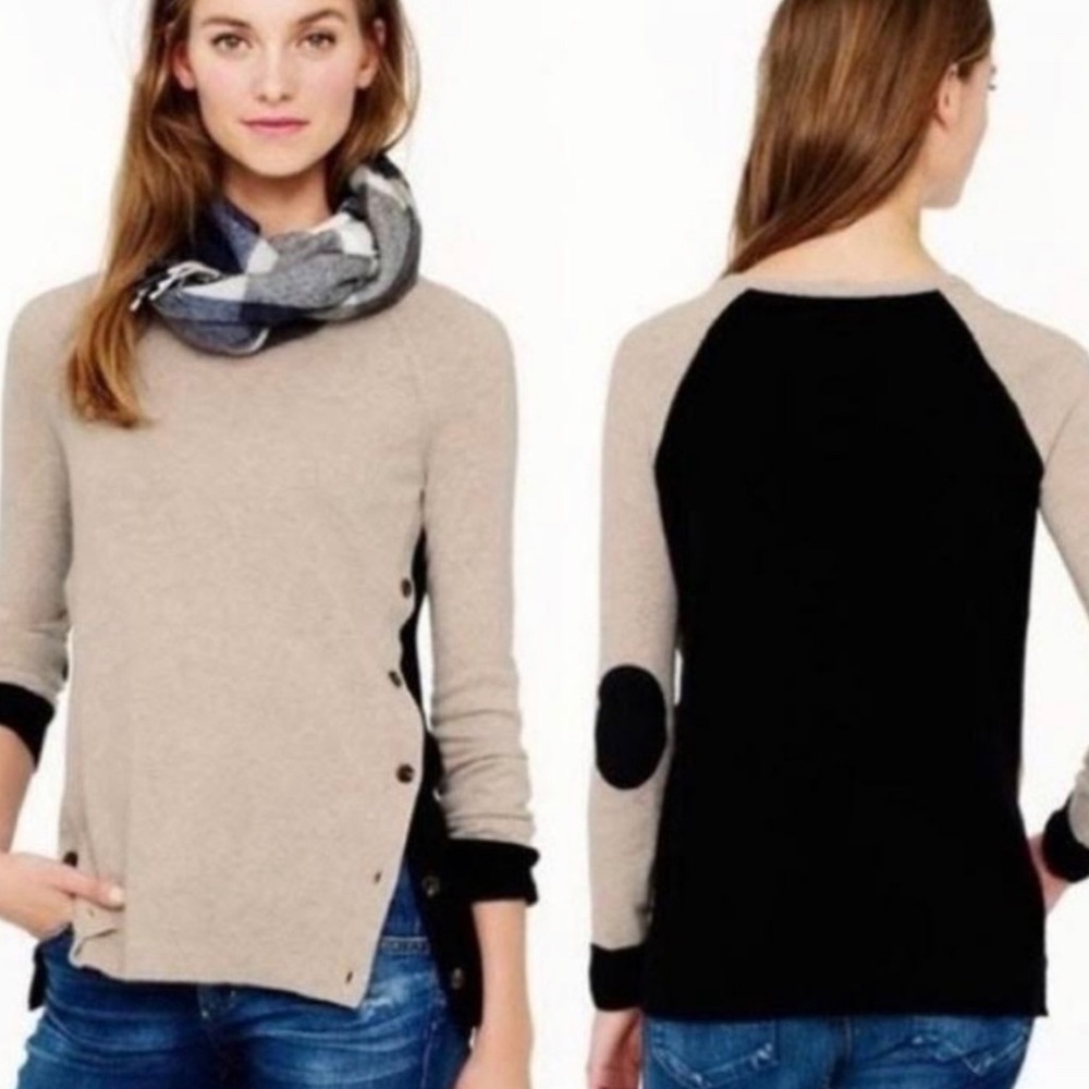 J Crew Tan and Black sweater with side buttons and elbow patches